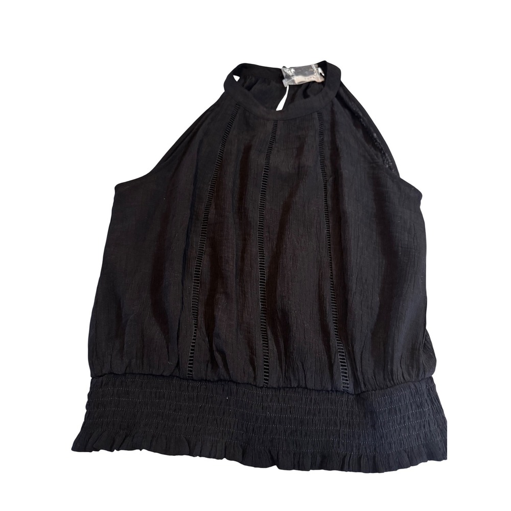 Lush Black Halter Top Smocked Hem Ladder Lace‎ Crochet Blouse